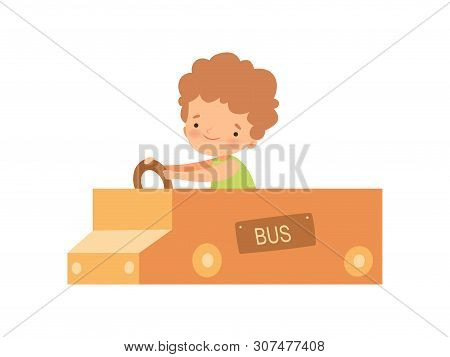 Cute Creative Boy Character Playing Bus Made Of Cardboard Boxes, Kid Driving Toy Car Cartoon Vector 