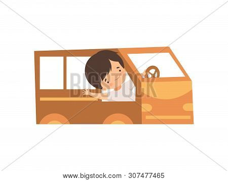 Cute Creative Boy Character Driving Toy Car Made Of Cardboard Boxes, Side View Cartoon Vector Illust