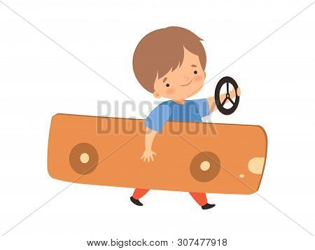 Cute Creative Boy Character Driving Toy Car Made Of Cardboard Box Cartoon Vector Illustration