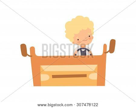 Cute Creative Boy Character Driving Toy Car Made Of Cardboard Box, Front View Cartoon Vector Illustr