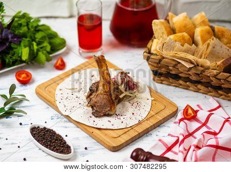 Beef Lamb Chop Meal In Lavash On Wooden Plate With Onion Salad ,bread, Vegetabels And Wine - Image