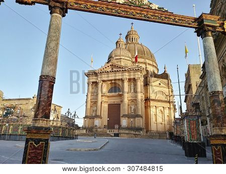 Xewkija, Gozo,malta - Circa June 18th,2019 - Village Church In Xewkija, Gozo, Malta Is Decorated For