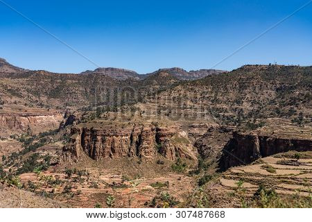 Landscape In Gheralta In Tigray, Northern Ethiopia, Africa. Trip From Axum To Gheralta