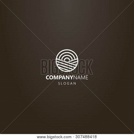 White Logo On A Black Background. Simple Vector Line Art Geometric Logo Of Sun Rising Over A Field I