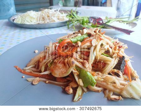 Thai Food Style, Papaya Salad With Tomato, Shrimp, Chili And Bean On Table In Restaurant, This Food 