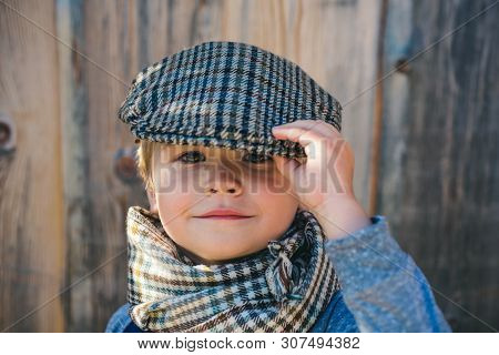 Preschool Child. Boy Face. Elegant Child. Autumn Weather. People, Adorable Kid, Funny Portrait. Cap,