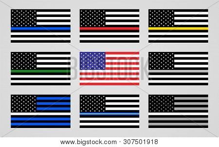 National Flag Of The Usa And Thin Line Foundations Flags.