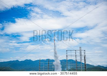 Rocket Lauch To The Sky Sunset In Rocket Festival,the Celebration For Plentiful Rains During The Ric
