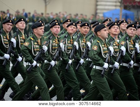 Moscow, Russia - May 9, 2019:soldiers Of The 4th Guards Tank Cantemir Division During The Parade On 