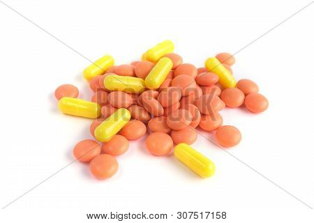 Multicolor Tablets On White Background. Epidemic, Painkillers, Healthcare, Treatment Pills And Drug 