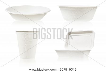 Set Of Bagasse For Food Isolated On White Background. It Is Made From Nature Go Green