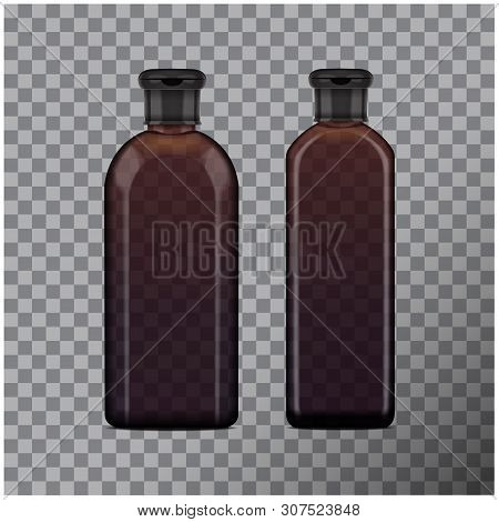 Realistic Transparent Brown Bottle For Cosmetic. Mock Up Bottle. Liquid Soap Pump Bottle, Shampoo, C