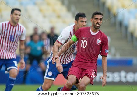 Rio De Janeiro, Brazil - June 16, 2019: Hassan Al Haidos Of Qatar Kicks The Ball During The 2019 Ame