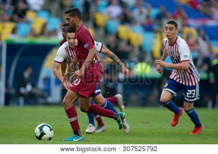 Rio De Janeiro, Brazil - June 16, 2019: Hassan Al Haidos Of Qatar Kicks The Ball During The 2019 Ame