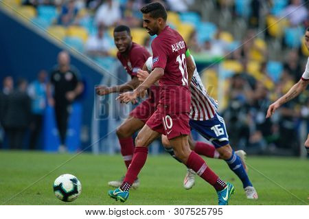 Rio De Janeiro, Brazil - June 16, 2019: Hassan Al Haidos Of Qatar Kicks The Ball During The 2019 Ame