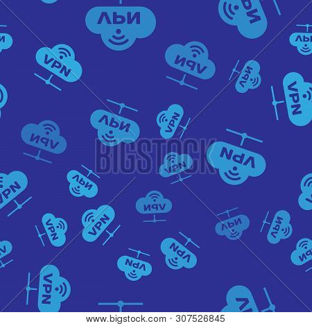 Blue Vpn Network Cloud Connection Icon Isolated Seamless Pattern On Blue Background. Social Technolo