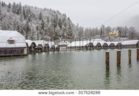 Boathouses At Schoenau Am Koenigssee In Bavaria At Winter Time