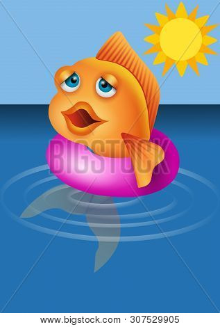 Funny Fish Cartoon With Lifebelt On The Sea Illustration