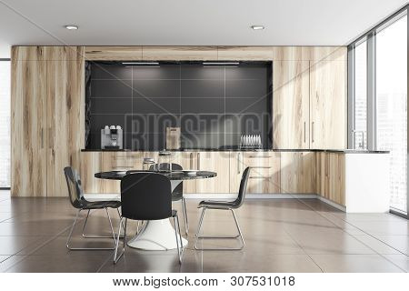 Panoramic Kitchen Interior With Round Table