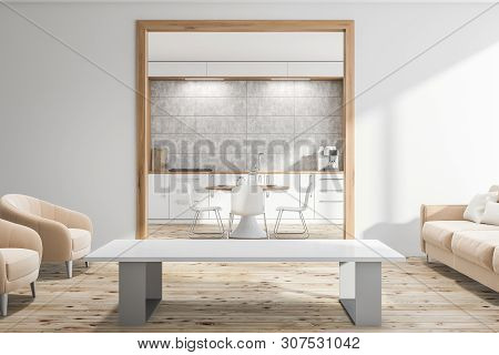 White Kitchen And Living Room Interior