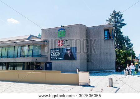 Lugano, Switzerland - June 1, 2019: Palazzo Dei Congressi Building.