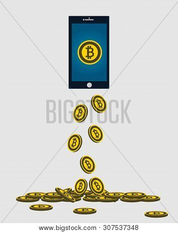 Business Bitcoin Concept.gold Bitcoin Drop From The Phone Screen,vector Illustration