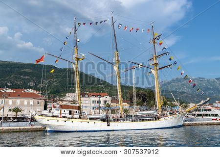 Tivat, Montenegro - 10. 6. 2019. Sailboat Jadran - A Landmark Near The Central Promenade