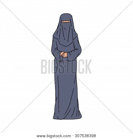 Muslim Woman In Long Dress With The Hijab Or Burqa Vector Illustration Isolated.