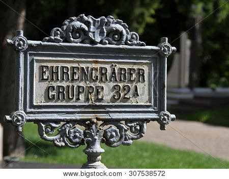 Vienna, Austria - August 24, 2014:  Signal In Cemetery With Text Ehrengraber Gruppe 32a That Means H