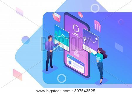 Isometric Young People Stand Near The Mobile Phone Screen, Testing The Program And Mobile Applicatio