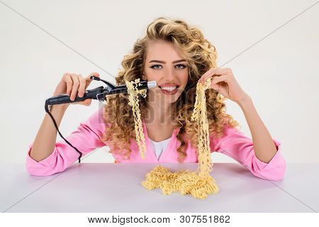 Curlyhair Girl Eating Noodles. Fast Food Noodles. Hairdresser. Hairdresser Tools. Scissors. Hairdres
