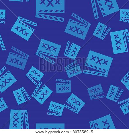 Blue Movie Clapper With Inscription Xxx Icon Isolated Seamless Pattern On Blue Background. Age Restr