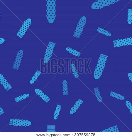 Blue Dildo Vibrator For Sex Games Icon Isolated Seamless Pattern On Blue Background. Sex Toy For Adu