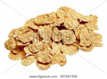 Cornflakes Dry Breakfast. Yellow Flakes Bunch Isolated On White Background. Corn Flakes Top View On 