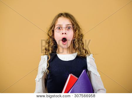 Small Girl With Paper Folder. Notebook For Diary Notes. Study Lesson. Knowledge And Education. Back 
