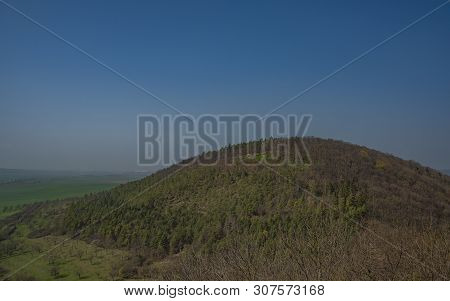 Landscape From Castle Gleichen In Germany With Blue Sky In Spring Fog Day