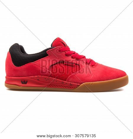 Vienna, Austria - August 25, 2017: Supra Avex Red And Black Sneaker On White Background.