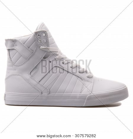 Vienna, Austria - August 25, 2017: Supra Skytop White Sneaker On White Background.