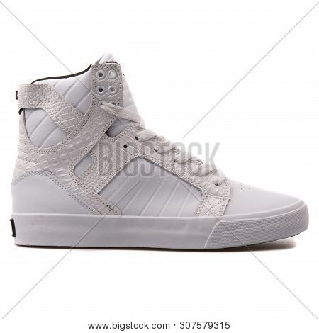 Vienna, Austria - August 25, 2017: Supra Skytop Croc White Sneaker On White Background.