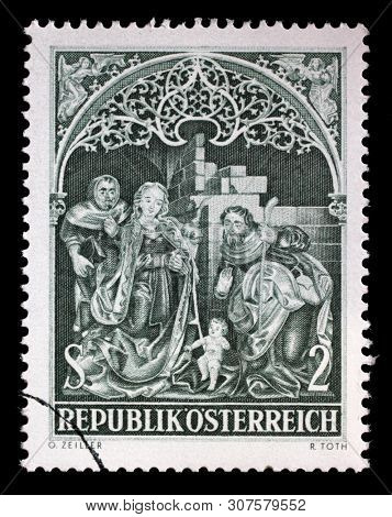 ZAGREB, CROATIA - JULY 03, 2014: A stamp issued in the Austria shows Adoration of Shepherds in Johannes Chapel, Nonnberg Abbey, circa 1967.