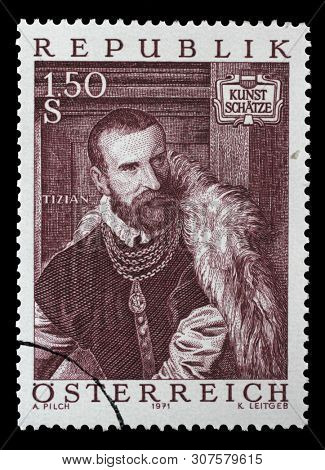ZAGREB, CROATIA - JULY 03, 2014: A stamp issued in the Austria shows Jacopo de Strada by Tizian (c. 1488-1576), Art Treasures in Austria, circa 1971.