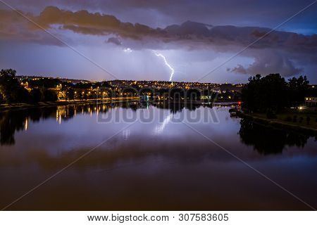 Thunderstorm With Lightning Above Moldau River In Prague, Czech Republic - June 20, 2019