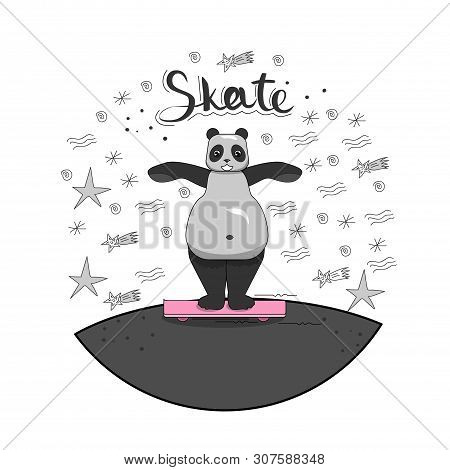 Panda Rides A Skateboard. Cartoon Illustration With Panda.