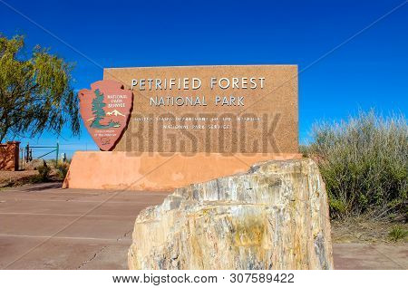 Petrifed Forest National Park Sign Off Route 66 In The Arizona Dessert - November 3, 2018