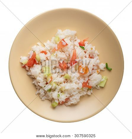 Rice With Vegetables On A Light Bronw  Plate Isolated On White Background . Rice With Tomatoes, Cucu