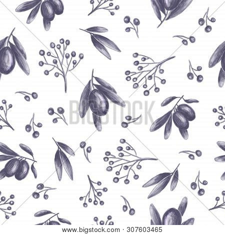 Seamless Pattern With Meadow Steelblue Olive Berry And Bushes. White Background. Digital Painting