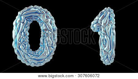 Number set 0, 1 made of crumpled foil. Collection symbols of crumpled silver foil isolated on black background. 3d rendering