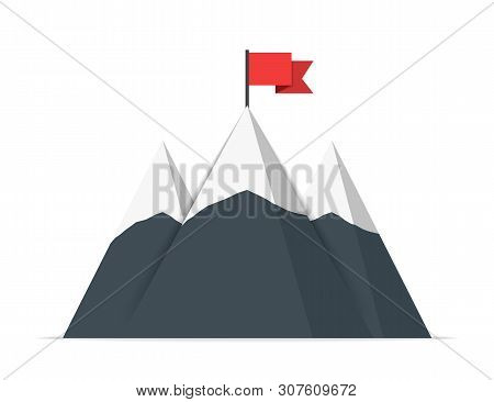 Mounatins With Red Flag, White Background, Vector Eps10 Illustration