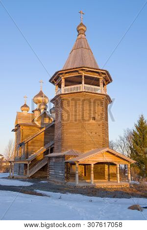 The Old Wooden Church Of Dmitry The Solunsky Myrrh-streaming In Close-ups In The Rays Of The Setting