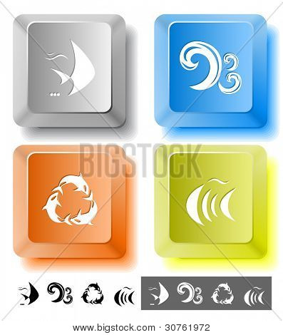 Animal icon set. Killer whale, fish, wave.  Computer keys. Vector illustration.